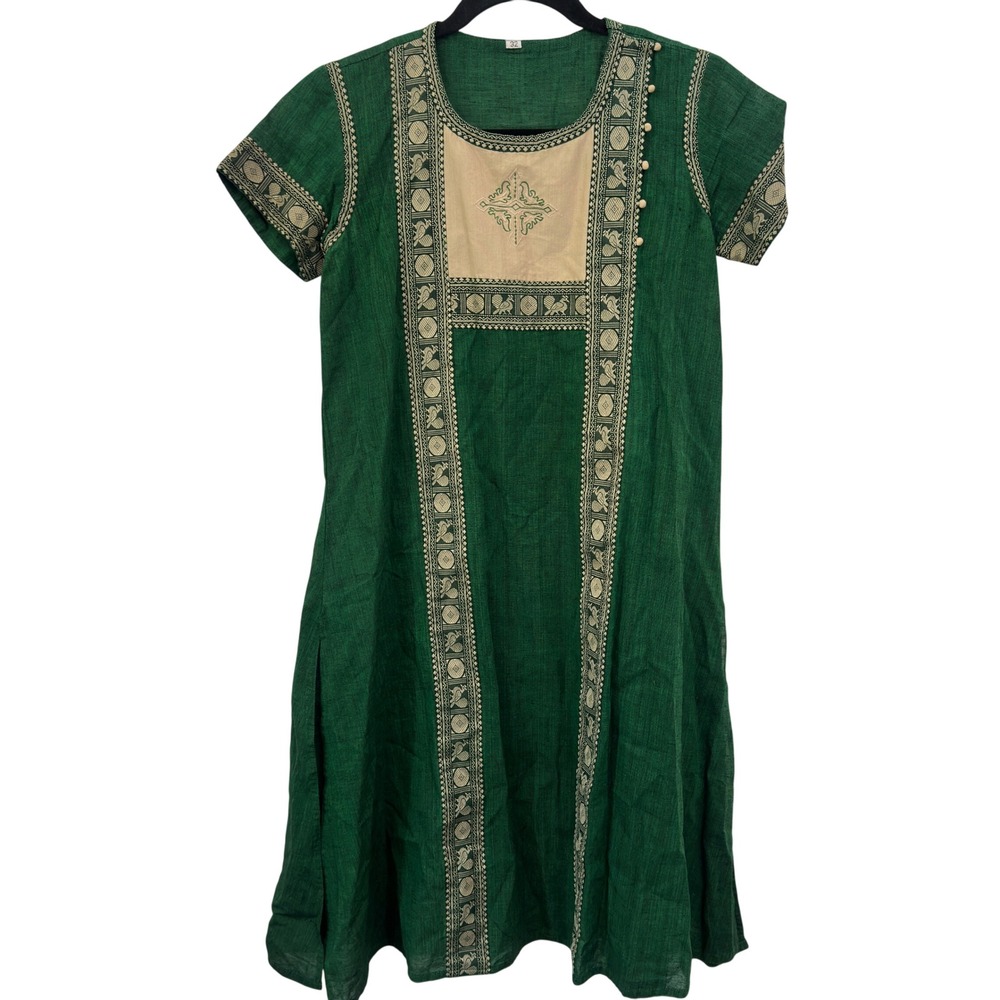 Indian Kurta Kurti Tunic Dress Green Cotton Block Print Embroidered Boho Folk S